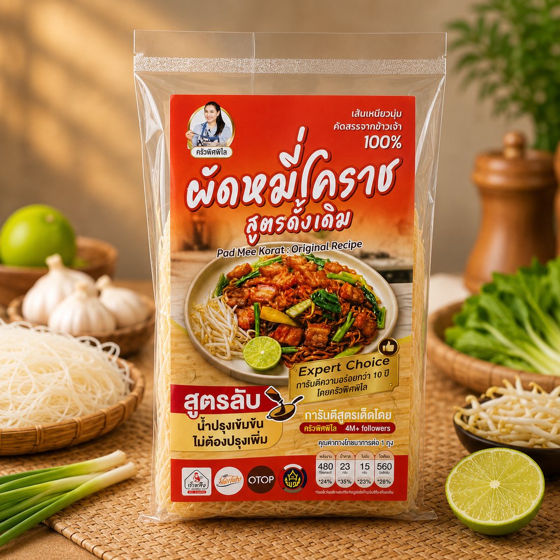 ผัดหมี่โคราชสูตรดั้งเดิมพร้อมวัตถุดิบและผักสด