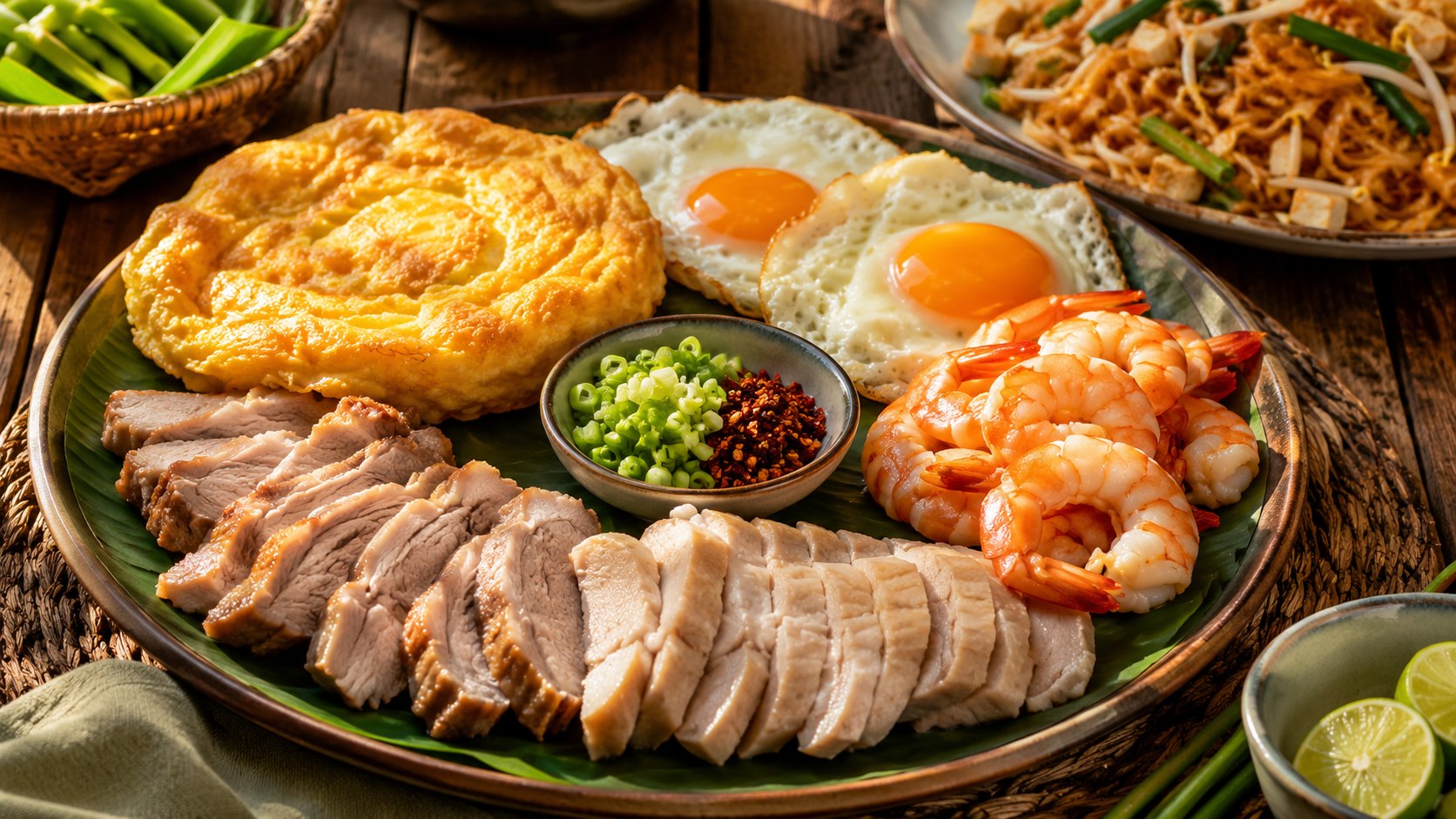 ไข่เจียว ไข่ดาว หมู ไก่ และกุ้งสำหรับเพิ่มโปรตีนให้ผัดหมี่โคราช
