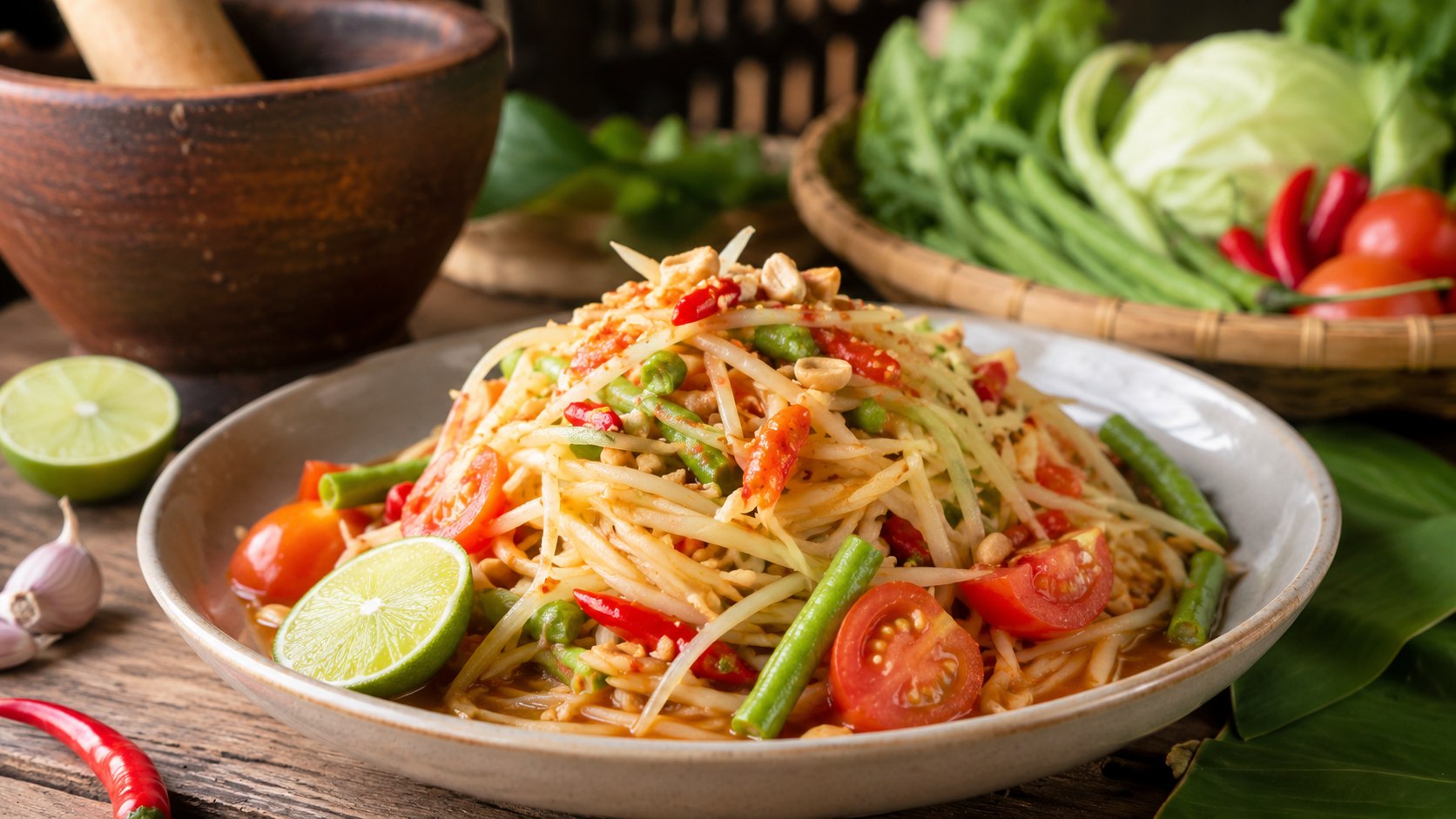 ส้มตำรสเปรี้ยวเผ็ดกินคู่ผัดหมี่โคราช